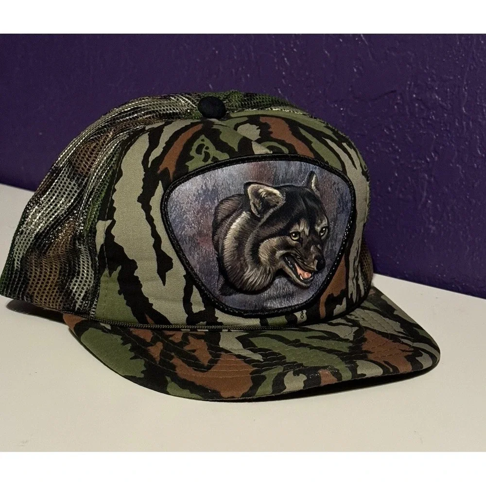 Vintage 90's Wolf Trebark Camo Hunting Snapback Hat Mossy Oak Filson RRL Rare